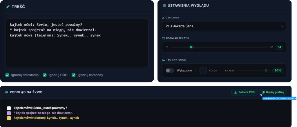 Chatlog Editor - podgląd na żywo, ustawienia wyglądu, kopiowanie grafiki