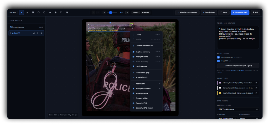 Screenshot Editor - pełnowymiarowy widok z listą warstw, narzędziami i filtrami